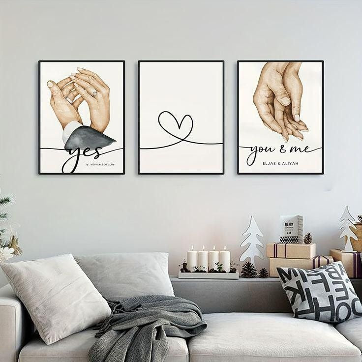 Romantic Couple Wall Art Set (3 Pieces) – "Yes", Heart Line & "You & Me"