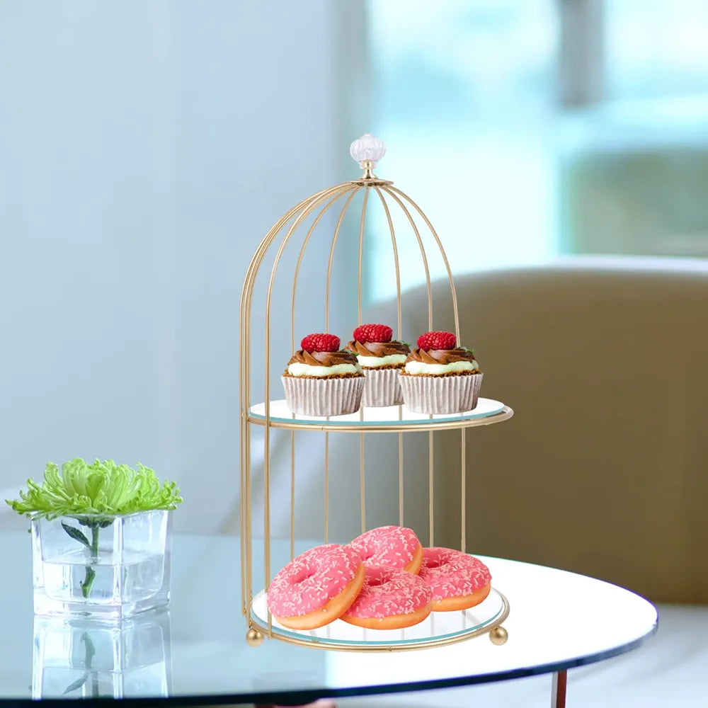 Elegant Gold Metal Birdcage Decorative Display Stand with Mirrored Bases