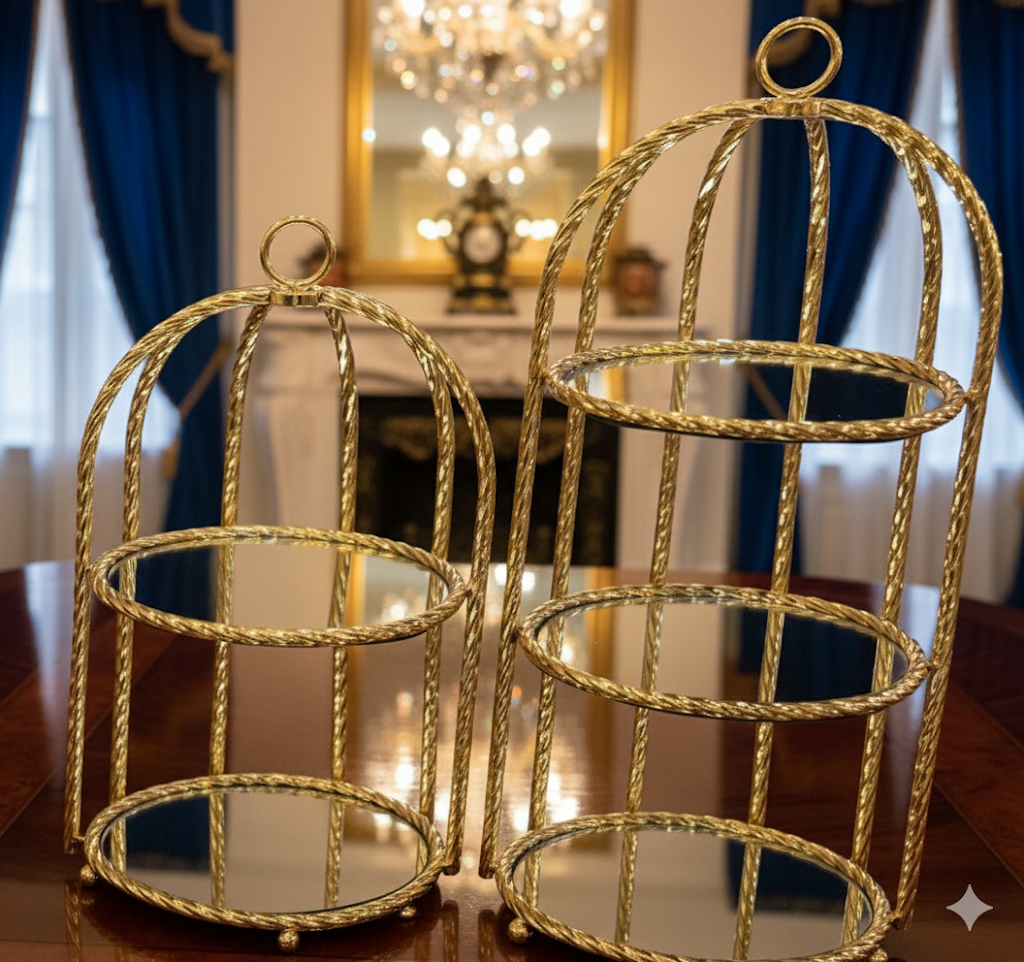 Elegant Gold Metal Birdcage Decorative Display Stand with Mirrored Bases