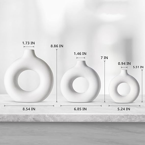Ceramic Vases for Home Decor Set of 3, Donut Vases for Décor, Decorative Vase for Modern Home Decor, White Ceramic Vase for Pampas Grass Dried Flower, Boho Vases Décor for Shelf Table Centerpieces