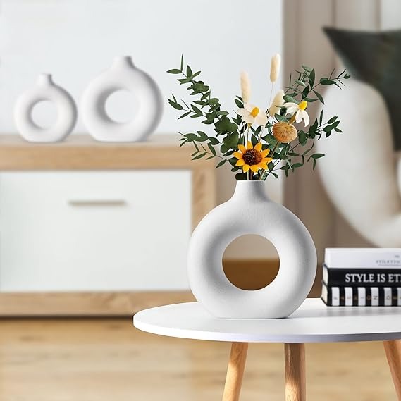 Ceramic Vases for Home Decor Set of 3, Donut Vases for Décor, Decorative Vase for Modern Home Decor, White Ceramic Vase for Pampas Grass Dried Flower, Boho Vases Décor for Shelf Table Centerpieces