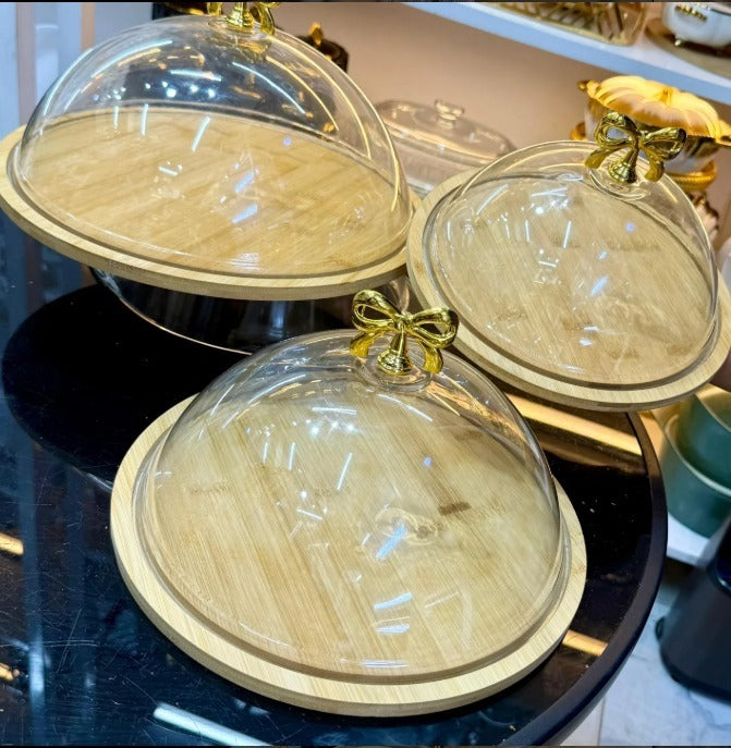 Fancy Bamboo Wooden Base Cake Dish with Acrylic Cover