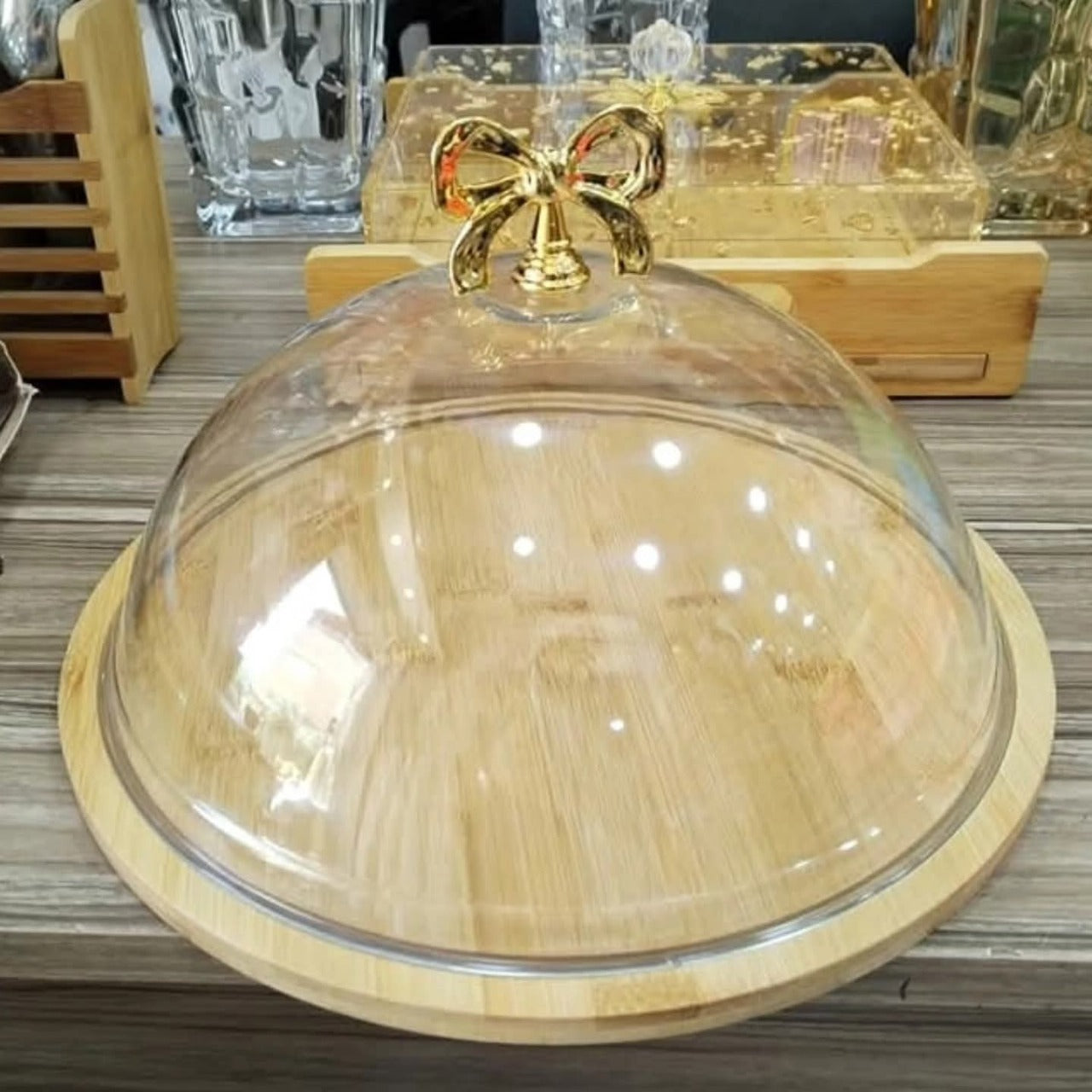 Fancy Bamboo Wooden Base Cake Dish with Acrylic Cover
