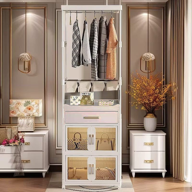 Large Capacity Double Cabinet Foldable Storagewith Racks &amp; Hanging Rod