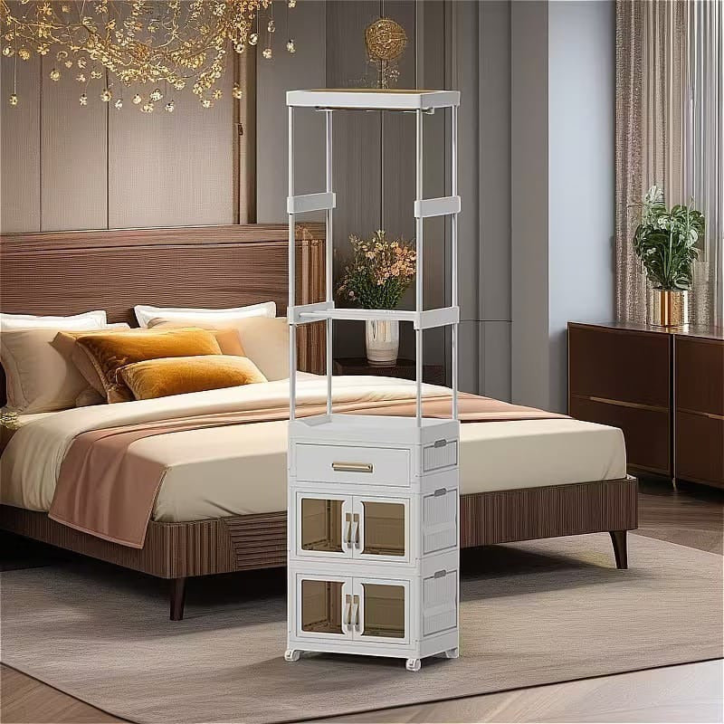 Large Capacity Double Cabinet Foldable Storagewith Racks &amp; Hanging Rod