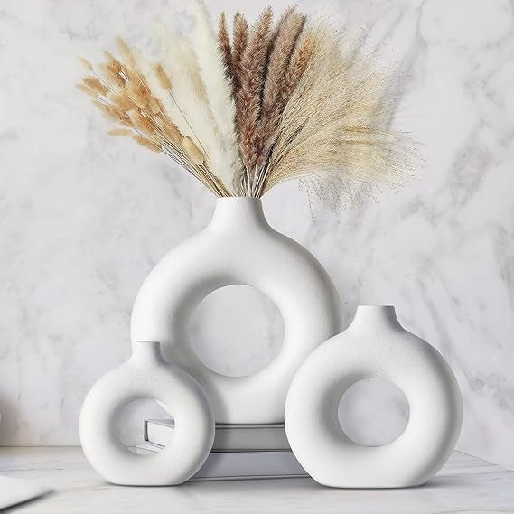 Ceramic Vases for Home Decor Set of 3, Donut Vases for Décor, Decorative Vase for Modern Home Decor, White Ceramic Vase for Pampas Grass Dried Flower, Boho Vases Décor for Shelf Table Centerpieces